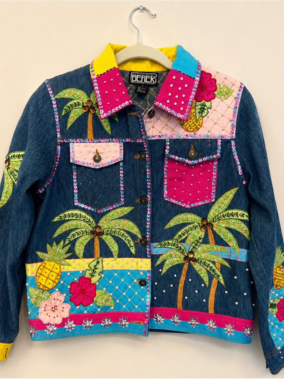 Berek by Teri Jon Embellished Denim Jacket Tropical Wearable Art Silk Trim S